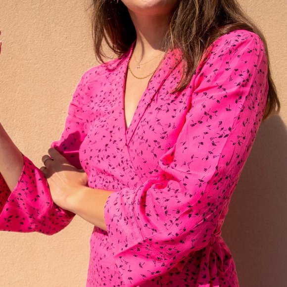 GANNI Pink Floral Crepe Wrap Maxi Dress - Picture 3 of 11